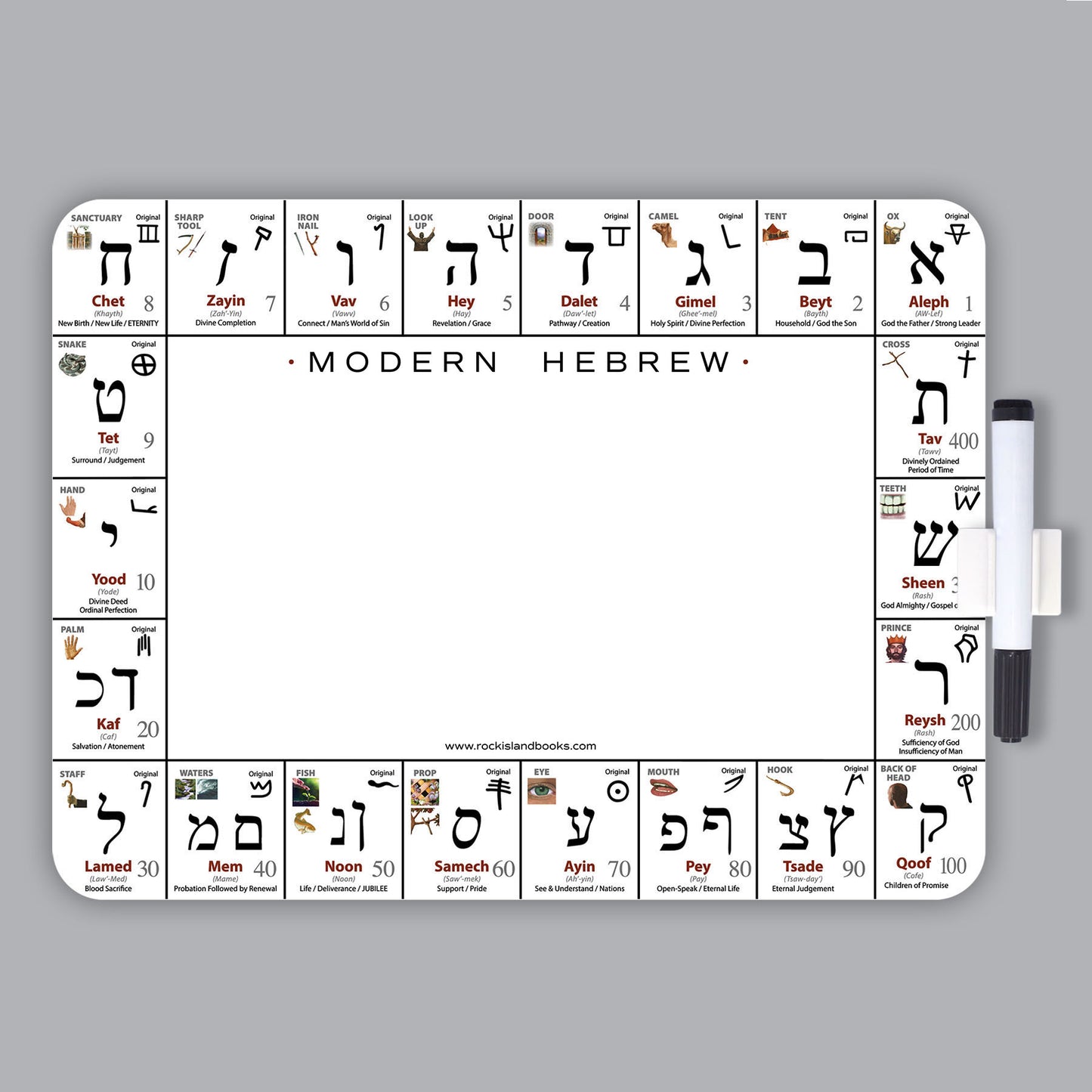 Double-Sided (Modern/Original) Hebrew Letter Practice Dry Erase Board w/ Pen