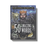 Book cover of 'The Living Word in 3D 50 Amazing Words' with a king and animals illustration on a white background. Author CJ Lovik