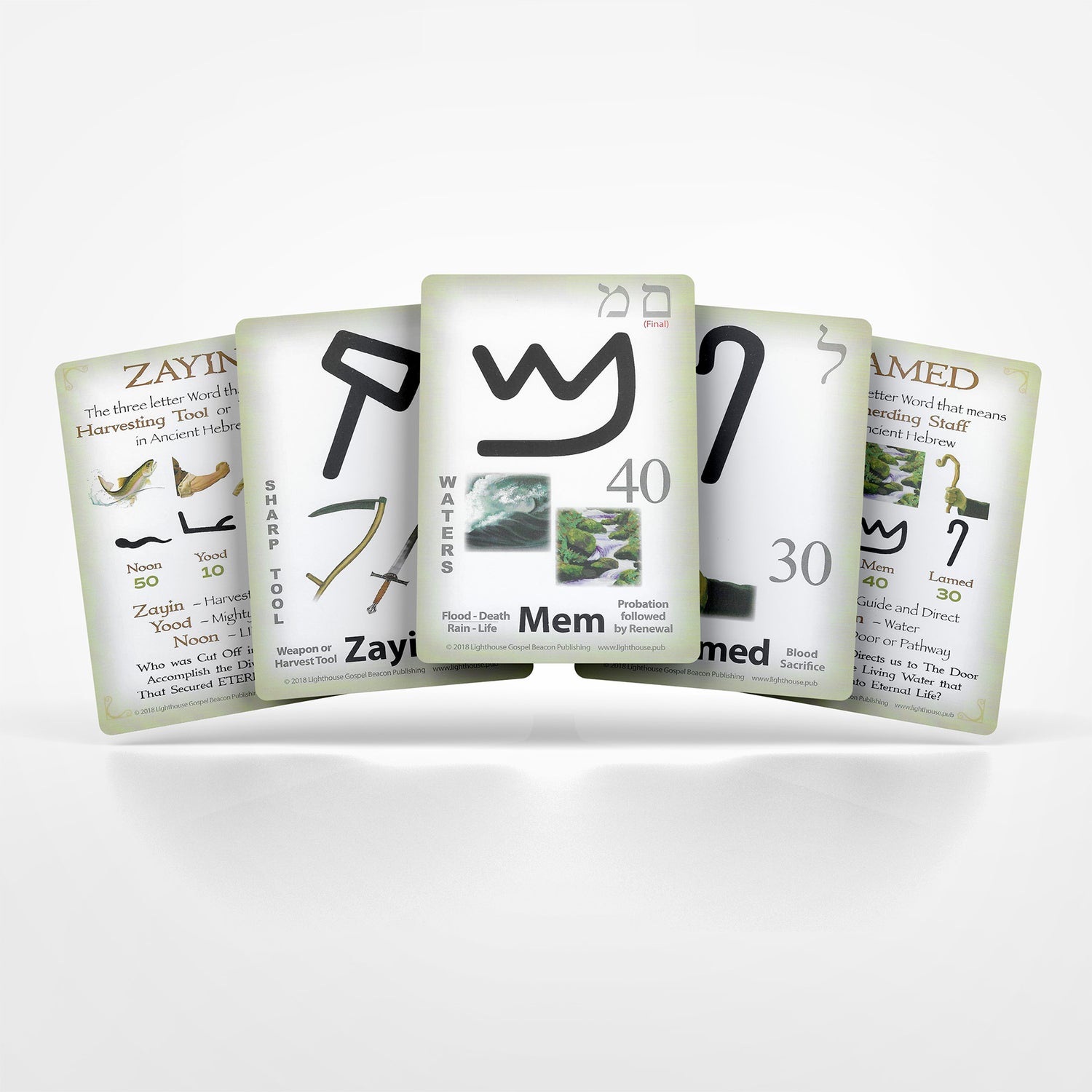 Set of cards with Hebrew text and symbols on a white background