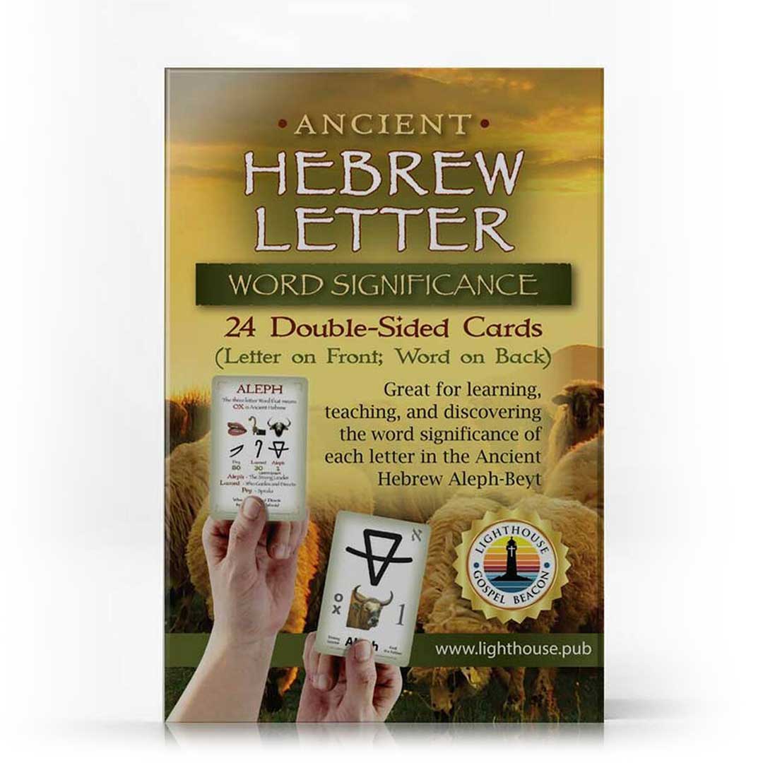 Packaging for 'Ancient Hebrew Letter Cards: Word Significance' showing a person holding two cards with Ancient Hebrew letters and pictorial representations.