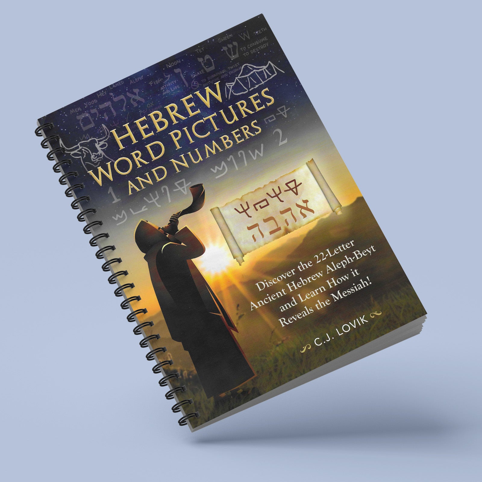 Book titled 'Hebrew Word Pictures and Numbers' with a cover featuring a person blowing a shofar and Hebrew text.