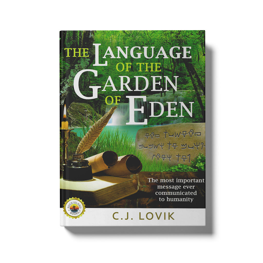 Book cover of 'The Language of the Garden of Eden' by C.J. Lovik with a green forest background.