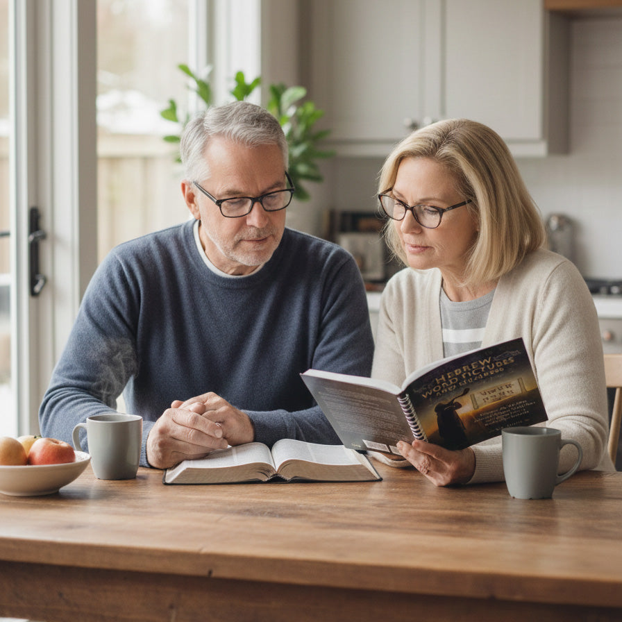 Man and woman reading Hebrew Word Pictures and Numbers together at a kitchen table