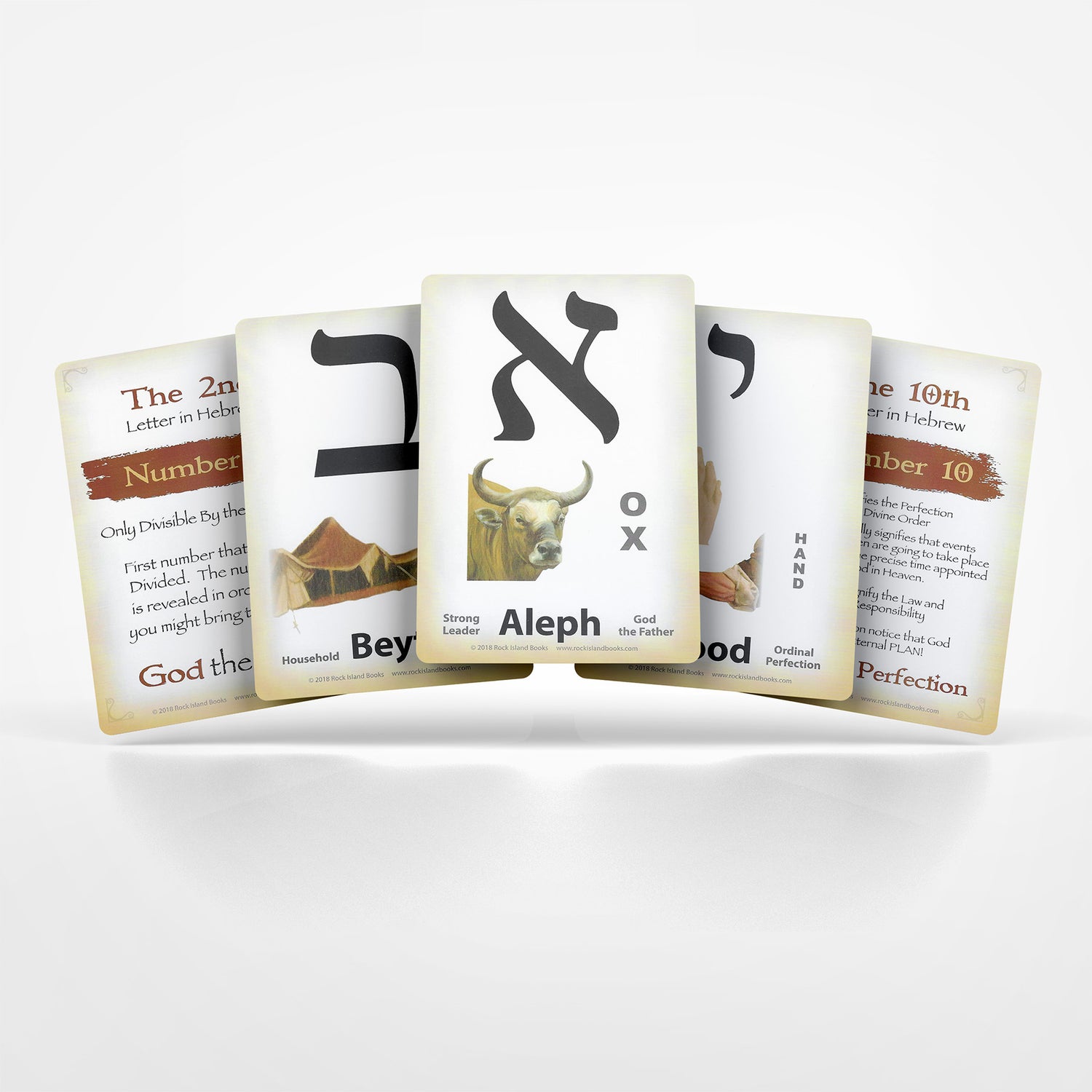 Set of cards with Hebrew letter designs and text on a white background