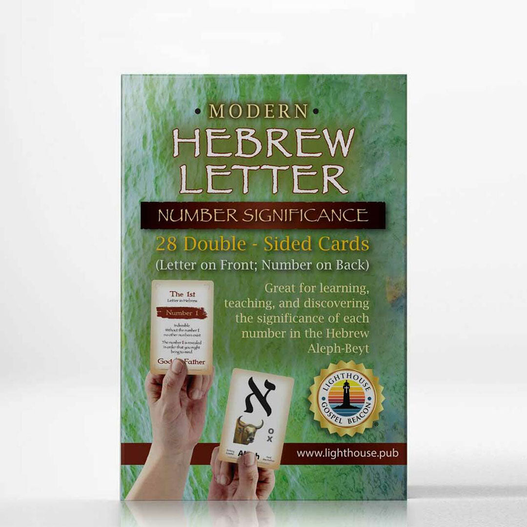 Packaging for Modern Hebrew Letter Number Significance teaching cards, showing the cards being held by a person, with a green and white background.