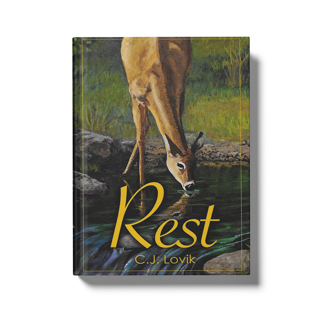 Book cover with a deer drinking water and the word 'Rest' in gold letters.