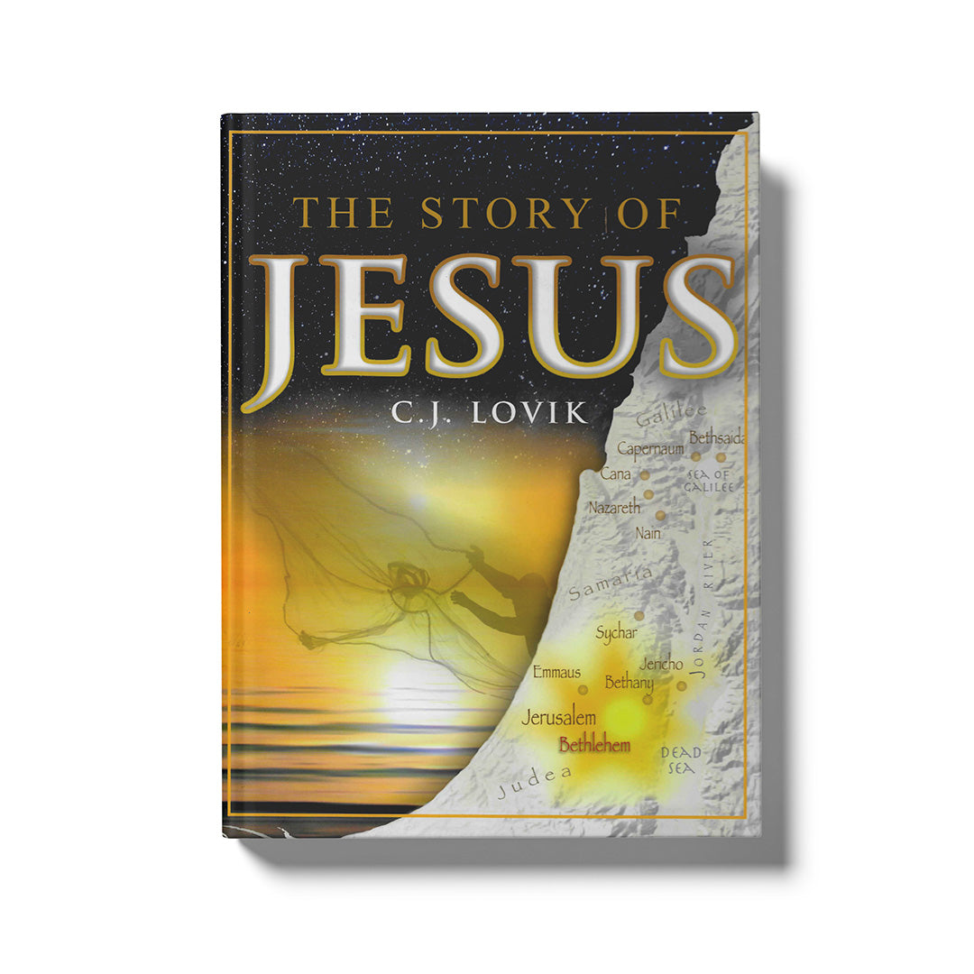 Book cover of 'The Story of Jesus' by C.J. Lovik with map and silhouette design.