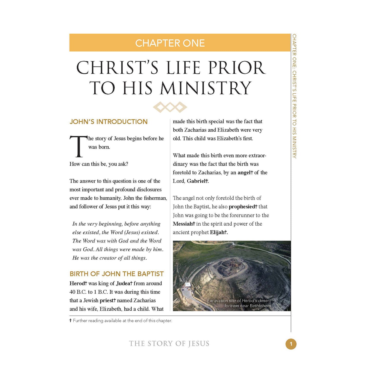 Book page with text about Christ's life prior to his ministry, featuring an image of a desert landscape.