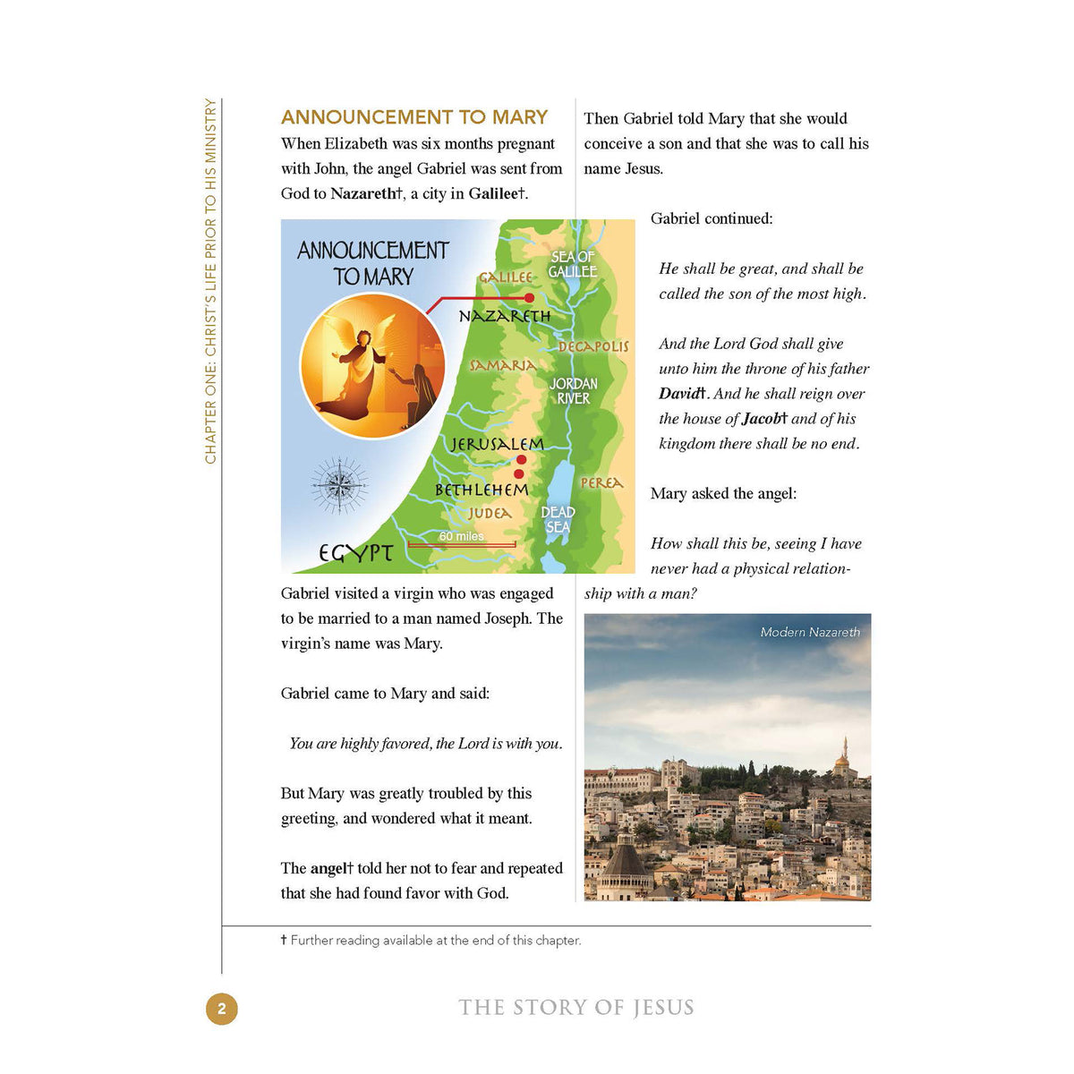 Book page with text and images about the Annunciation to Mary, including a map and a photograph of a cityscape.