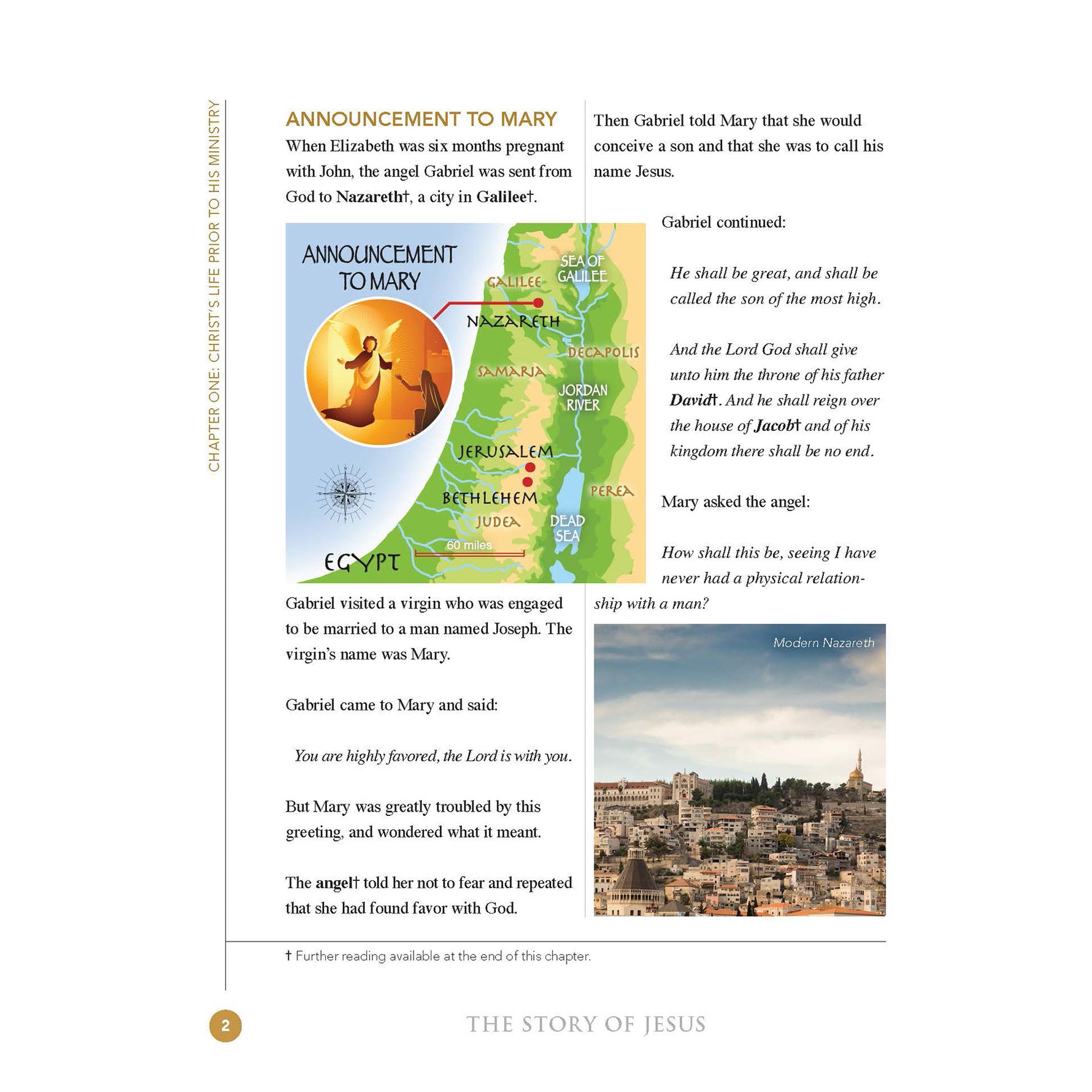 Book page with text and images about the Annunciation to Mary, including a map and a photograph of a cityscape.