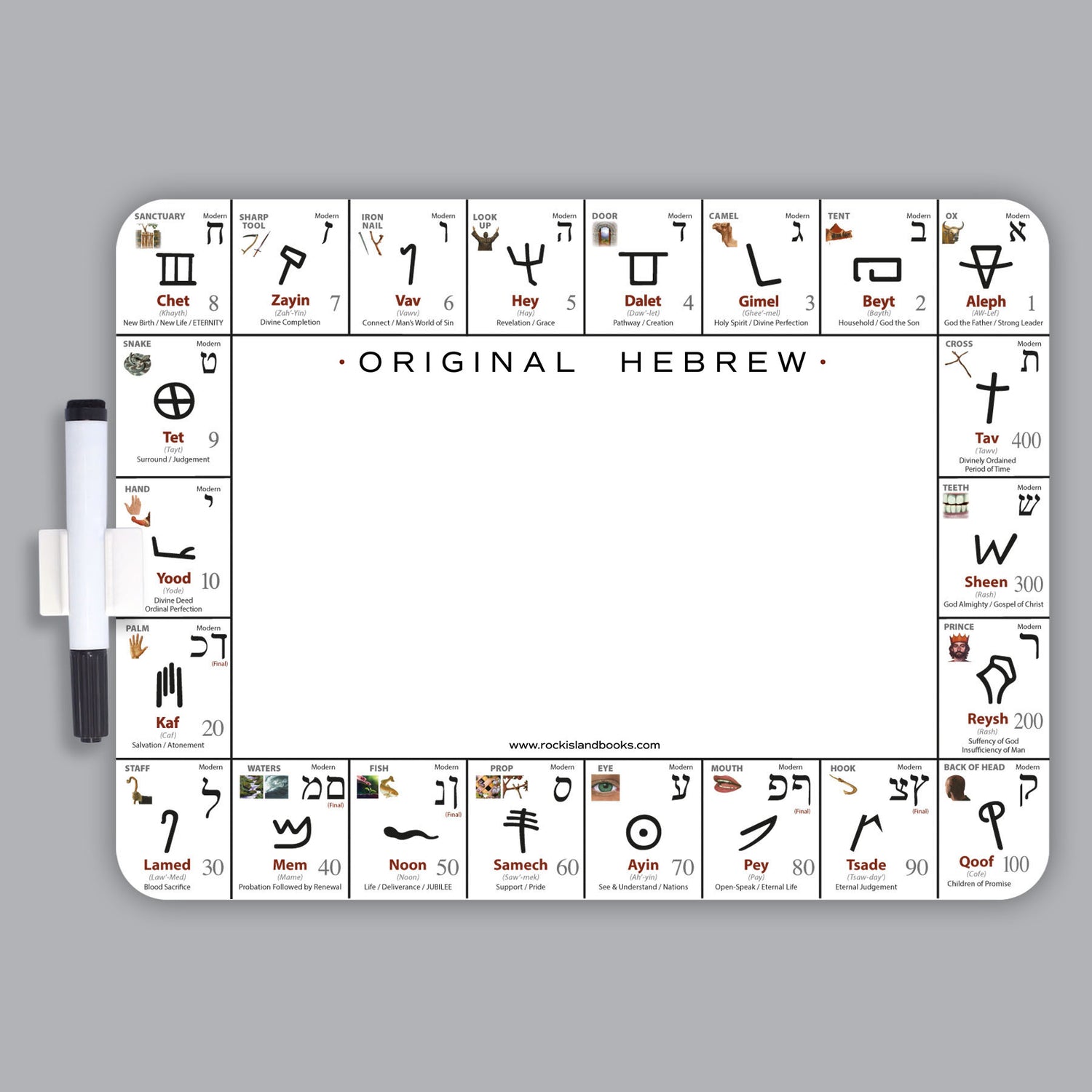 Double-Sided (Modern/Original) Hebrew Letter Practice Dry Erase Board w/ Pen Whiteboard